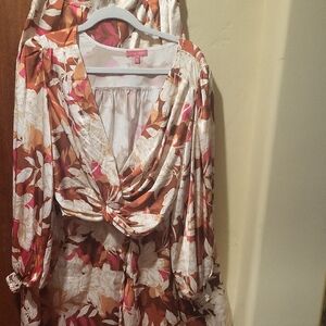 Floral Knot Front Top Wide Leg Satin 2 Piece Set